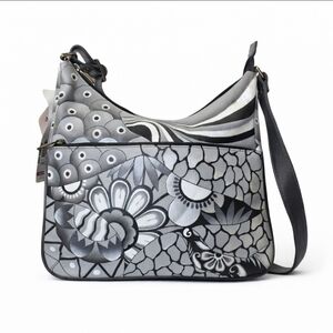 Anuschka Hand Painted Leather Medium Hobo Shoulder Bag Patchwork Pewter NWT